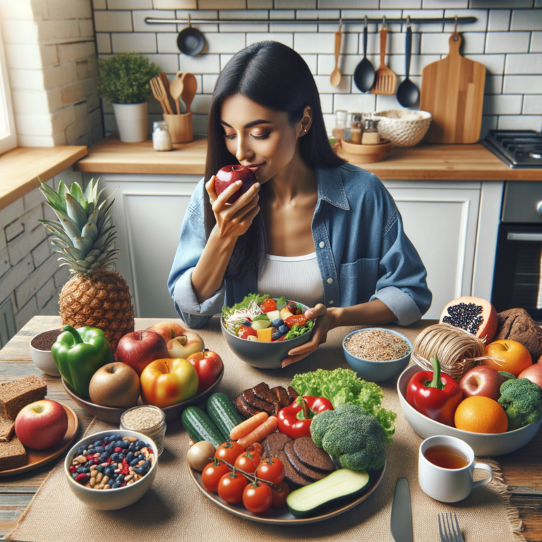 Create an image of a healthy female person eating healthy foods intended for a blog article about benefits of a customized food plan from a dietitian