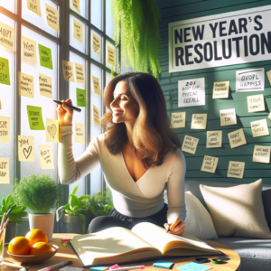 create an image of an individual celebrating the new year by setting compelling goals for a healthier, happier year ahead for a blog post